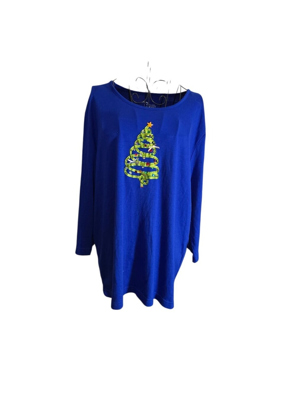 Classic  Elements (18W/20W) Blue Christmas Top Ribbon Tree Sequins 3/4 Sleeve